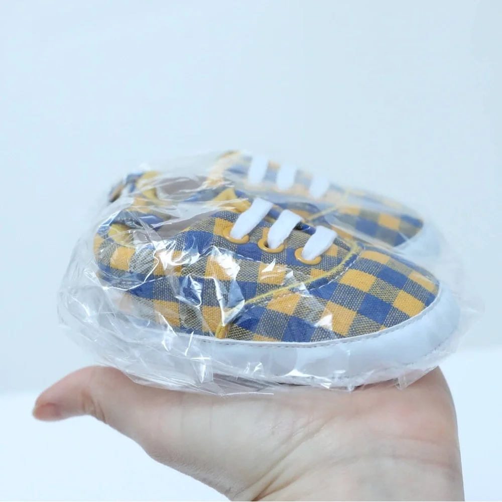 Baby Toddler Shoes Yellow Blue check plaid gingham 6-12 Walking Boot Infant New
